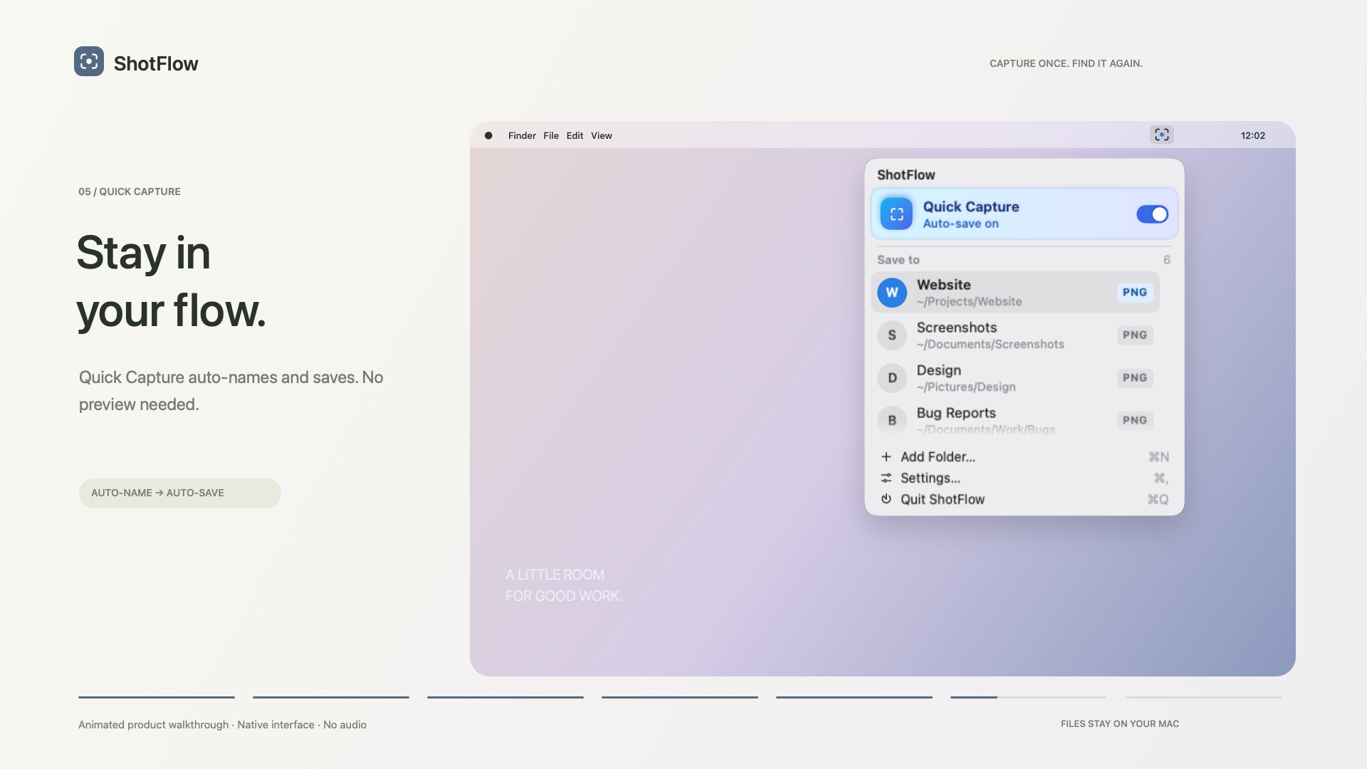 ShotFlow menu with Quick Capture on